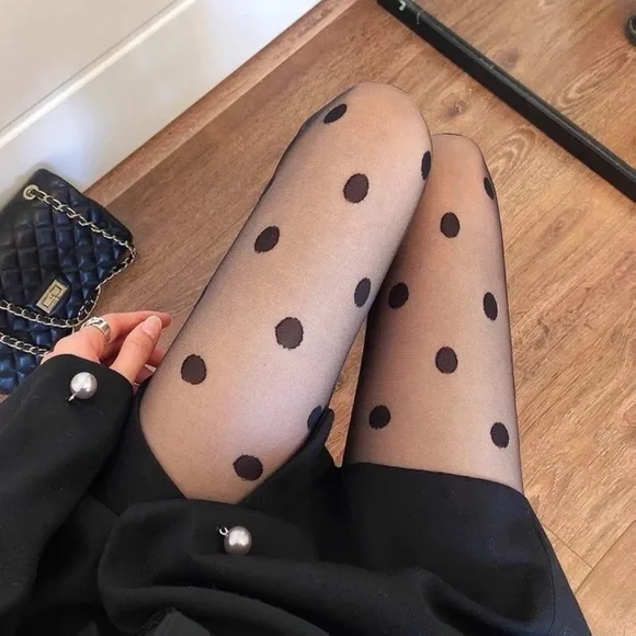 NWT black sheer dot tights stockings mesh thin large spots sexy black tights - Picture 9 of 15